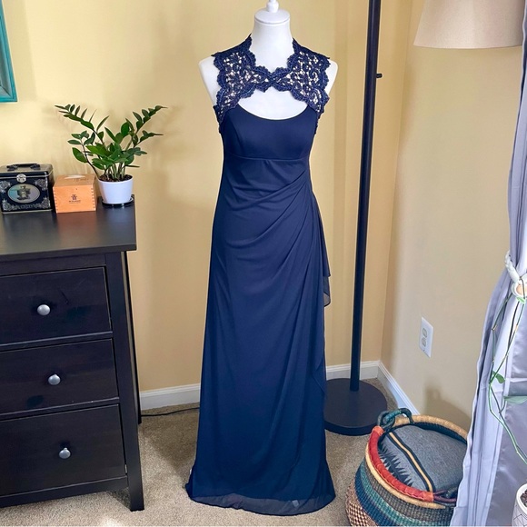 Navy Blue Lace-top Xscape Gown - Picture 1 of 8